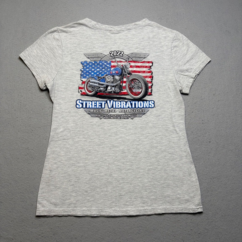 Street Vibrations T-Shirt Womens Large Grey 2022 Motorcycle Rally Graphic V-Neck